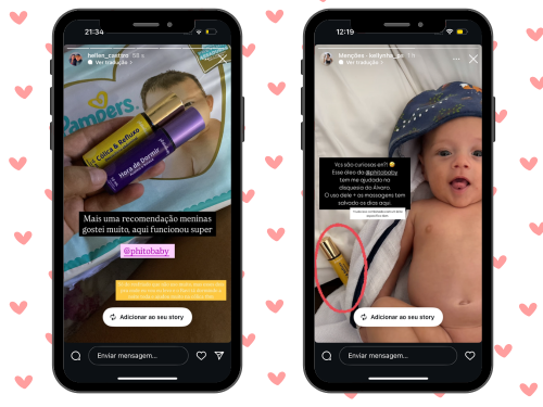 Feedbacks de mães sobre os óleos Phitobê em stories do Instagram